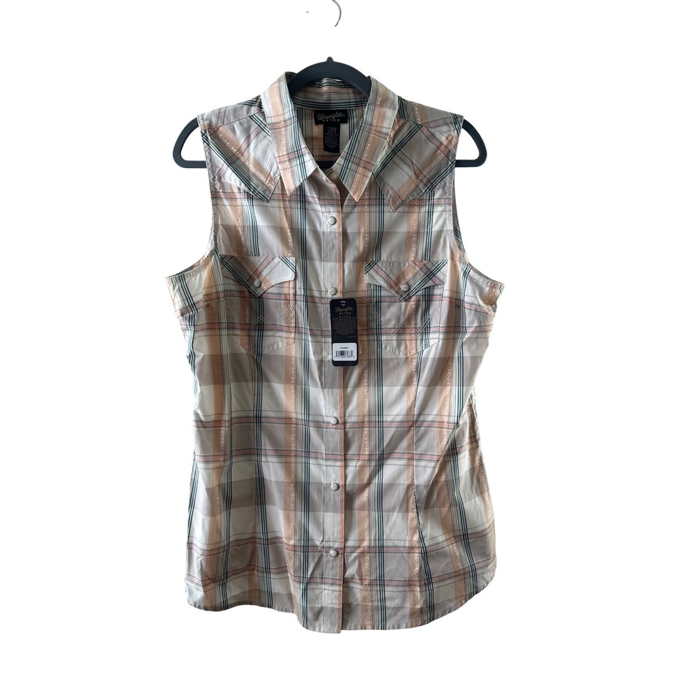 Wrangler Retro Sleeveless Western Plaid Snap Shirt Peach Tan L, NWT, Country